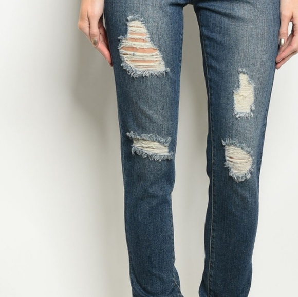 💖 Stretch DARK DENIM BLUE Distresed JEANS - Picture 5 of 5